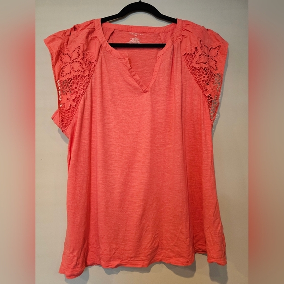 Talbots Plus Size 2X Coral Split Neck Cotton Modal Crochet Embroidered Sleeve - Picture 2 of 7